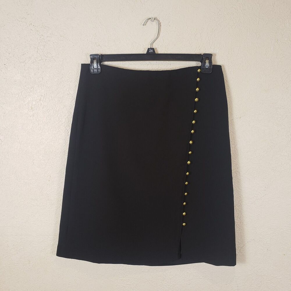 Talbots Black Knee-Length Pencil Skirt Gold Button Detail Size 8